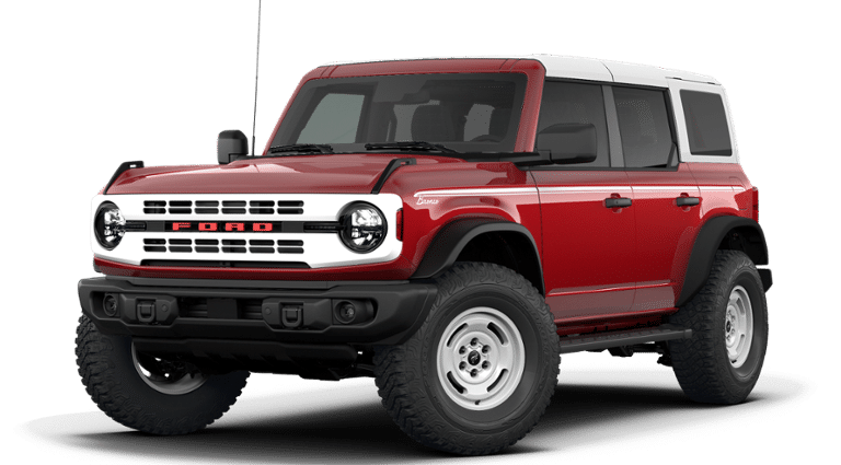 2026 Ford Bronco Heritage Edition in Ruby Red Metallic Tinted Clearcoat — front three-quarter view